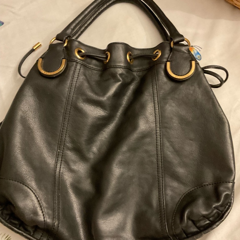 Y2K Juicy Couture Black Leather Drawstring Shoulder Bag with Gold Rings
